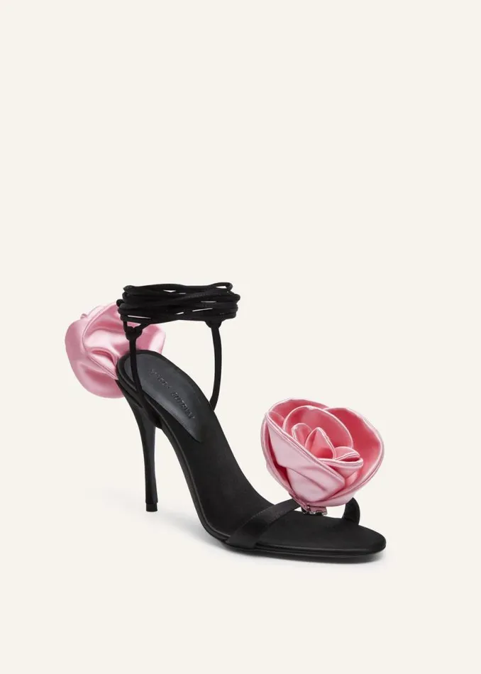 Shop Magda Butrym Shoes Double Pink Flower Heel Sandals In Black Satin Shop Magda Butrym Shoes Double Pink Flower Heel Sandals In Black Satin
