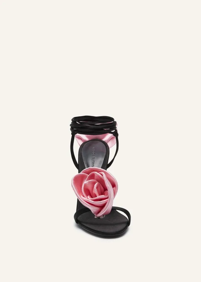 Shop Magda Butrym Shoes Double Pink Flower Heel Sandals In Black Satin Shop Magda Butrym Shoes Double Pink Flower Heel Sandals In Black Satin