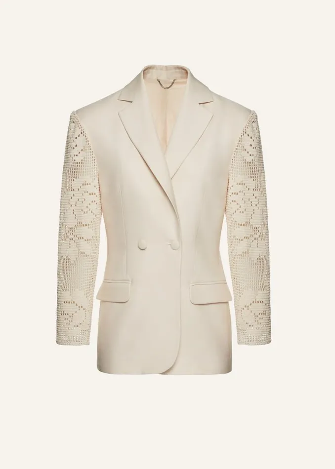 Shop Magda Butrym Tailoring And Suits Lace Crochet Hourglass Blazer In Beige