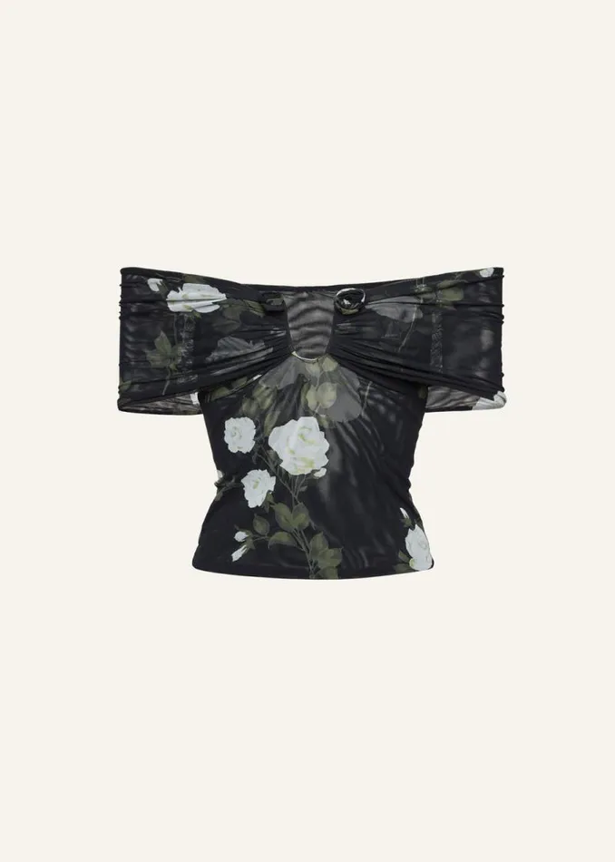 Shop Magda Butrym Tops Off Shoulder Mesh Top In Black Print