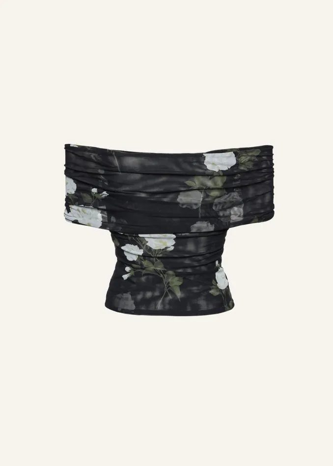 Shop Magda Butrym Tops Off Shoulder Mesh Top In Black Print Shop Magda Butrym Tops Off Shoulder Mesh Top In Black Print