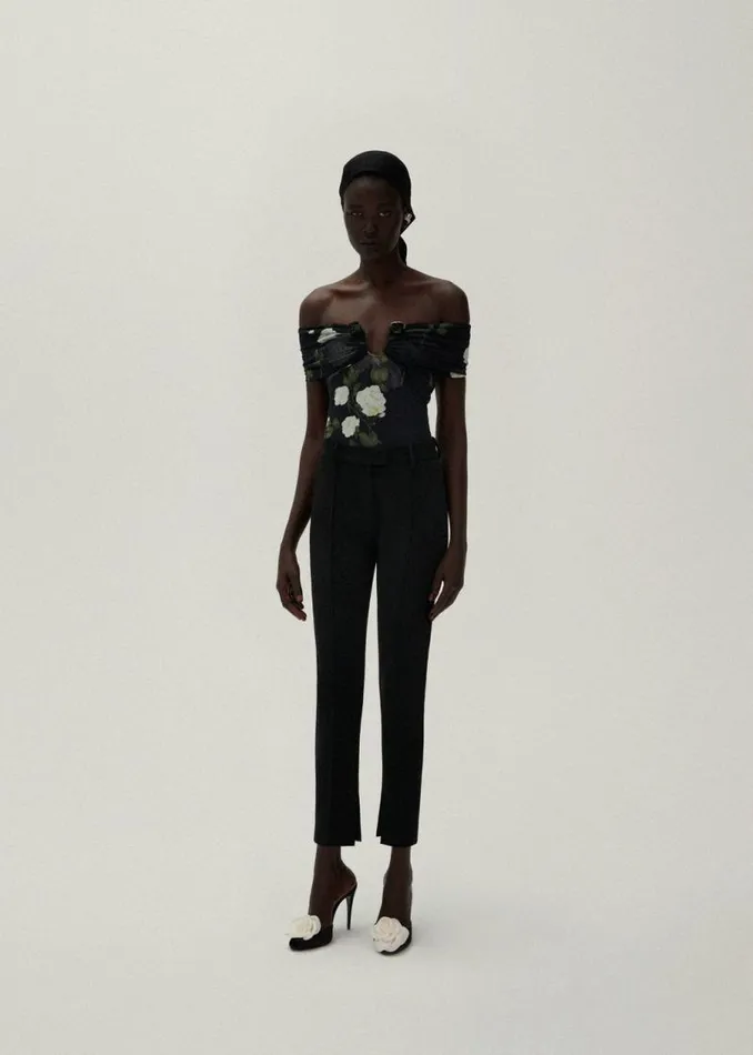 Shop Magda Butrym Tops Off Shoulder Mesh Top In Black Print Shop Magda Butrym Tops Off Shoulder Mesh Top In Black Print