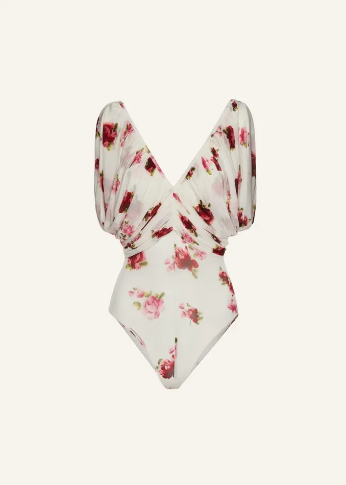 Shop Magda Butrym Tops Ruched V Neck Bodysuit In Cream Print