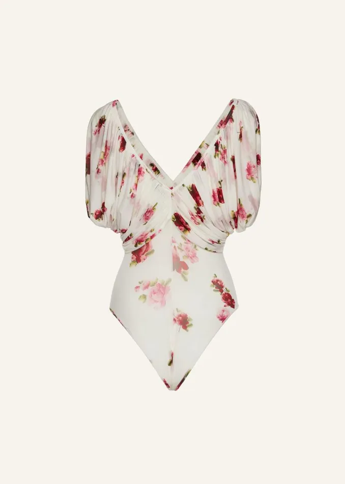 Shop Magda Butrym Tops Ruched V Neck Bodysuit In Cream Print Shop Magda Butrym Tops Ruched V Neck Bodysuit In Cream Print