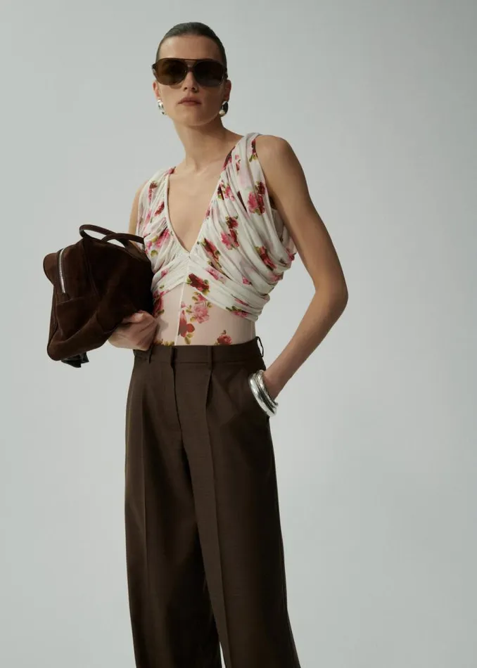 Shop Magda Butrym Tops Ruched V Neck Bodysuit In Cream Print Shop Magda Butrym Tops Ruched V Neck Bodysuit In Cream Print