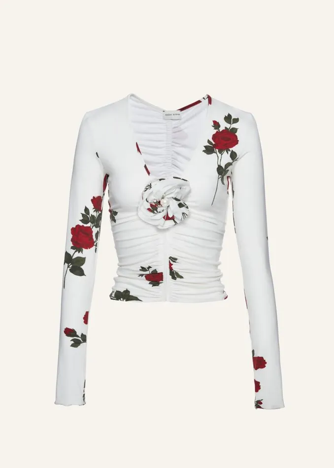Shop Magda Butrym Tops Ruched V Neck Long Sleeve Jersey Top In White Print