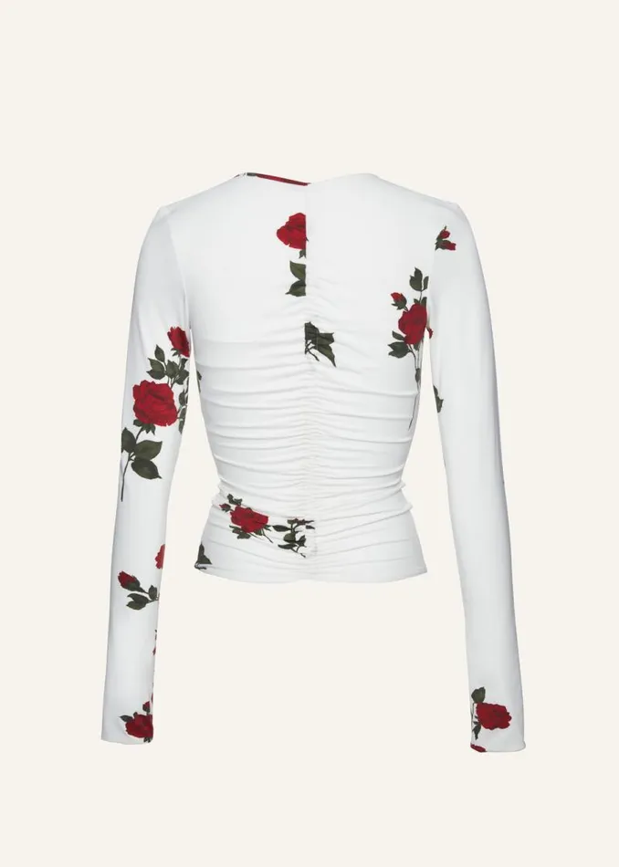Shop Magda Butrym Tops Ruched V Neck Long Sleeve Jersey Top In White Print Shop Magda Butrym Tops Ruched V Neck Long Sleeve Jersey Top In White Print