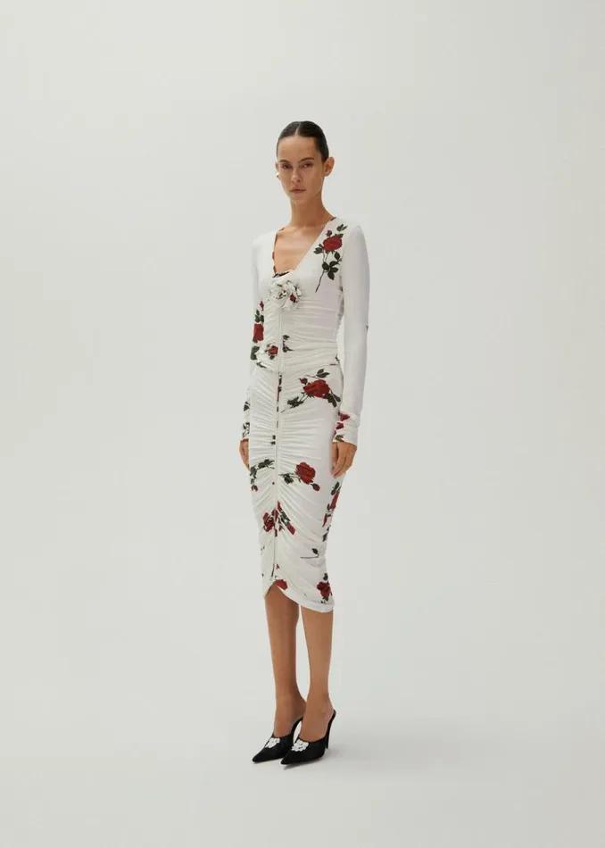 Shop Magda Butrym Tops Ruched V Neck Long Sleeve Jersey Top In White Print Shop Magda Butrym Tops Ruched V Neck Long Sleeve Jersey Top In White Print