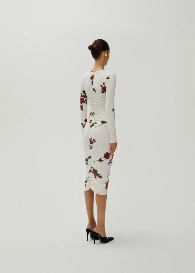 Shop Magda Butrym Tops Ruched V Neck Long Sleeve Jersey Top In White Print Shop Magda Butrym Tops Ruched V Neck Long Sleeve Jersey Top In White Print