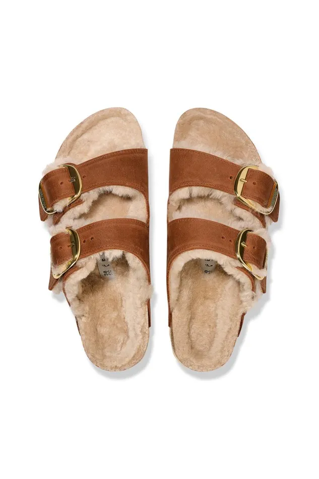 SHOP Trina Turk SHOES WOMEN039S ARIZONA SHEARLING COGNAC BIG BUCKLE SANDAL