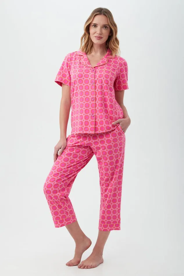 SHOP Trina Turk WOMEN039S SLEEPWEAR GEO HEX WOMEN039S SHORT SLEEVE CROPPED PANT JERSEY PJ SET