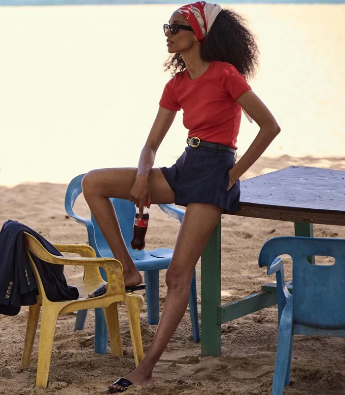 Shop YVAINE SHORT Navy Pinstripe DEN Pants and Shorts