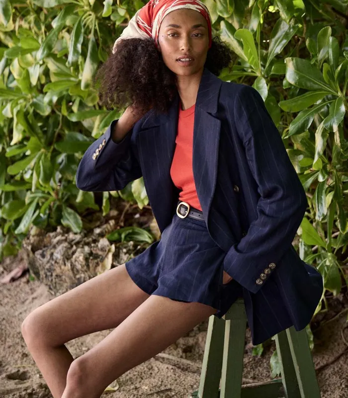Shop YVAINE SHORT Navy Pinstripe DEN Pants and Shorts