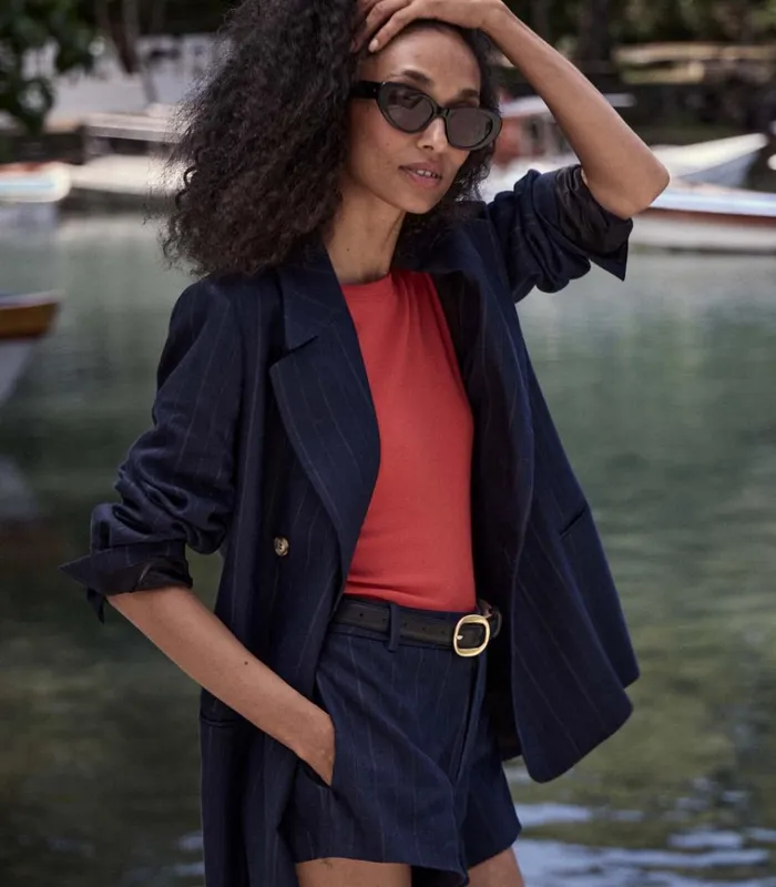 Shop YVAINE SHORT Navy Pinstripe DEN Pants and Shorts