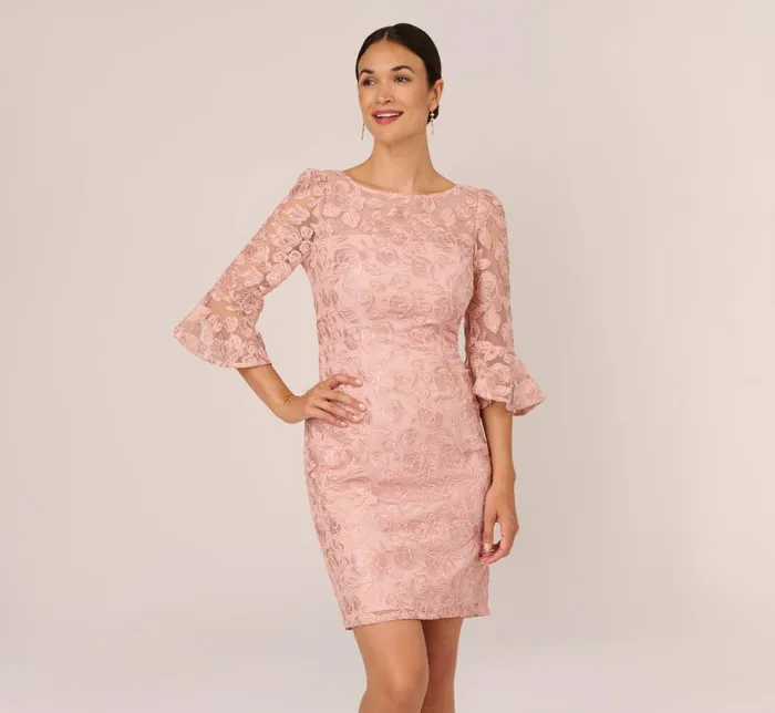 Short Dresses Womens Adrianna Papell Bell Sleeve Rose Embroidered Sheath Dress In Dusty Rose