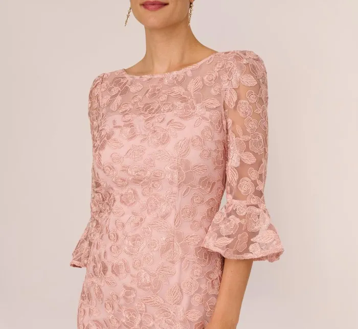 Short Dresses Womens Adrianna Papell Bell Sleeve Rose Embroidered Sheath Dress In Dusty Rose