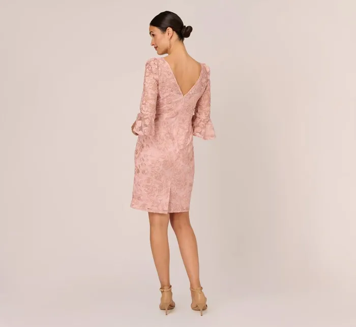 Short Dresses Womens Adrianna Papell Bell Sleeve Rose Embroidered Sheath Dress In Dusty Rose