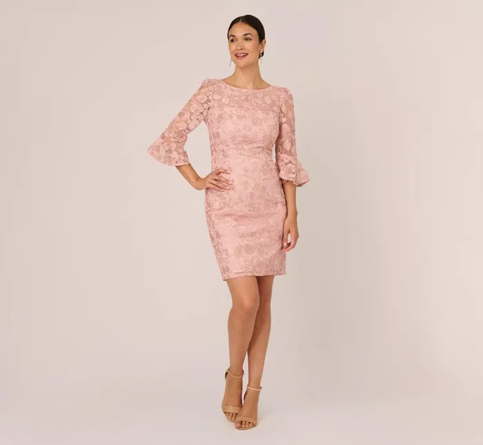 Short Dresses Womens Adrianna Papell Bell Sleeve Rose Embroidered Sheath Dress In Dusty Rose