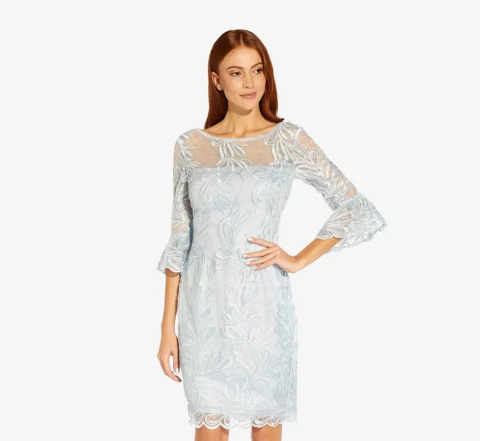 Short Dresses Womens Adrianna Papell Embroidered Illusion Short Sheath Dress With Bell Sleeves In Opal