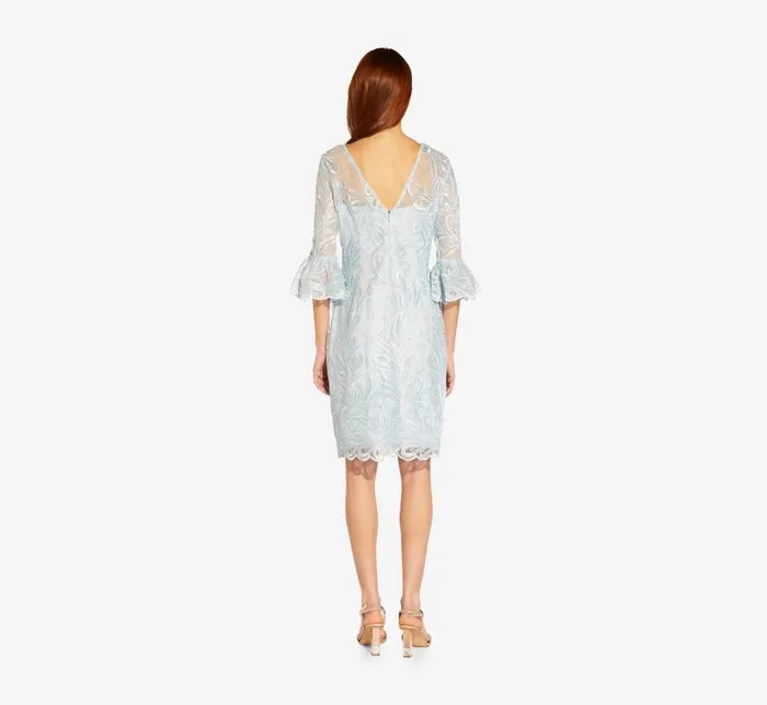 Short Dresses Womens Adrianna Papell Embroidered Illusion Short Sheath Dress With Bell Sleeves In Opal