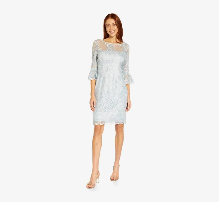 Short Dresses Womens Adrianna Papell Embroidered Illusion Short Sheath Dress With Bell Sleeves In Opal
