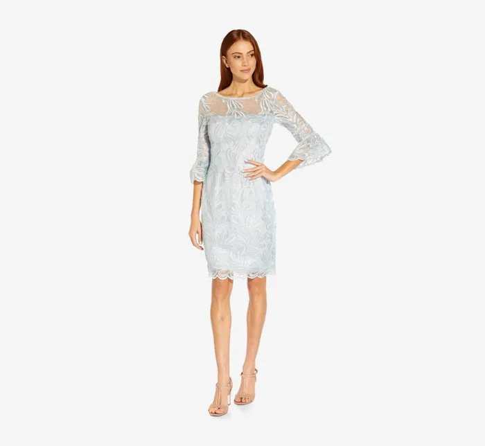 Short Dresses Womens Adrianna Papell Embroidered Illusion Short Sheath Dress With Bell Sleeves In Opal