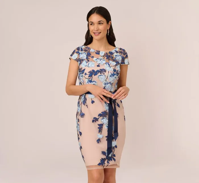 Short Dresses Womens Adrianna Papell Embroidered Sheath Dress In Midnight Multi Nude