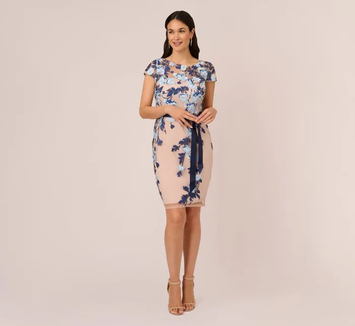 Short Dresses Womens Adrianna Papell Embroidered Sheath Dress In Midnight Multi Nude