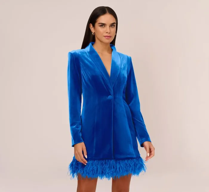 Short Dresses Womens Adrianna Papell Long Sleeve Velvet Tuxedo Dress With Feather Hem In Deep Ocean