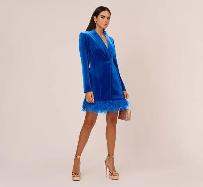 Short Dresses Womens Adrianna Papell Long Sleeve Velvet Tuxedo Dress With Feather Hem In Deep Ocean