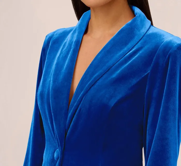 Short Dresses Womens Adrianna Papell Long Sleeve Velvet Tuxedo Dress With Feather Hem In Deep Ocean