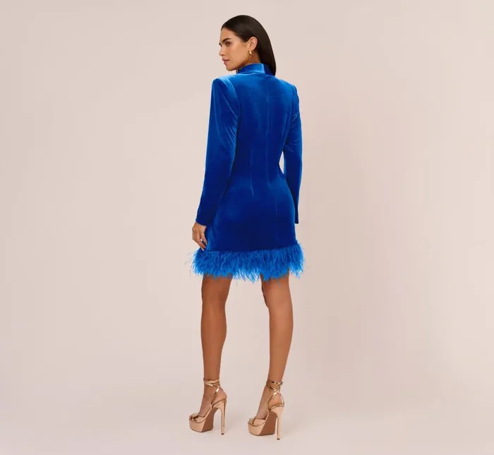 Short Dresses Womens Adrianna Papell Long Sleeve Velvet Tuxedo Dress With Feather Hem In Deep Ocean