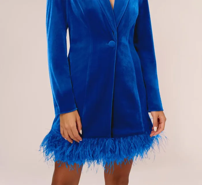 Short Dresses Womens Adrianna Papell Long Sleeve Velvet Tuxedo Dress With Feather Hem In Deep Ocean