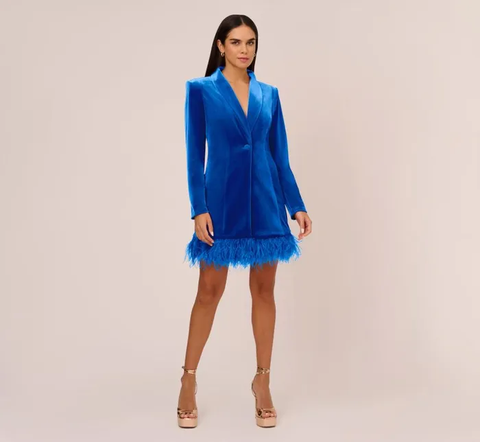Short Dresses Womens Adrianna Papell Long Sleeve Velvet Tuxedo Dress With Feather Hem In Deep Ocean
