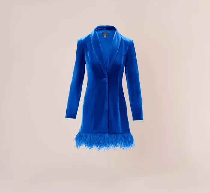 Short Dresses Womens Adrianna Papell Long Sleeve Velvet Tuxedo Dress With Feather Hem In Deep Ocean