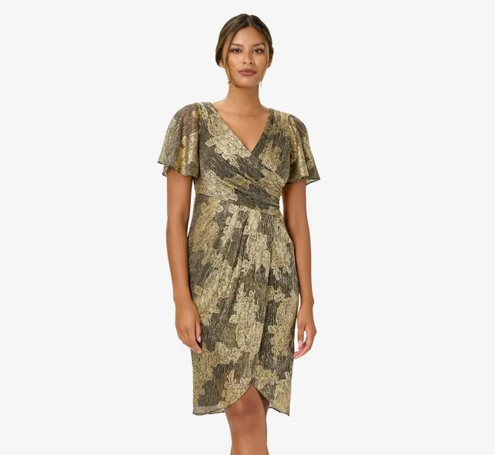 Short Dresses Womens Adrianna Papell Metallic Foil Crinkled Mesh MidiLength Wrap Dress In Gold Black