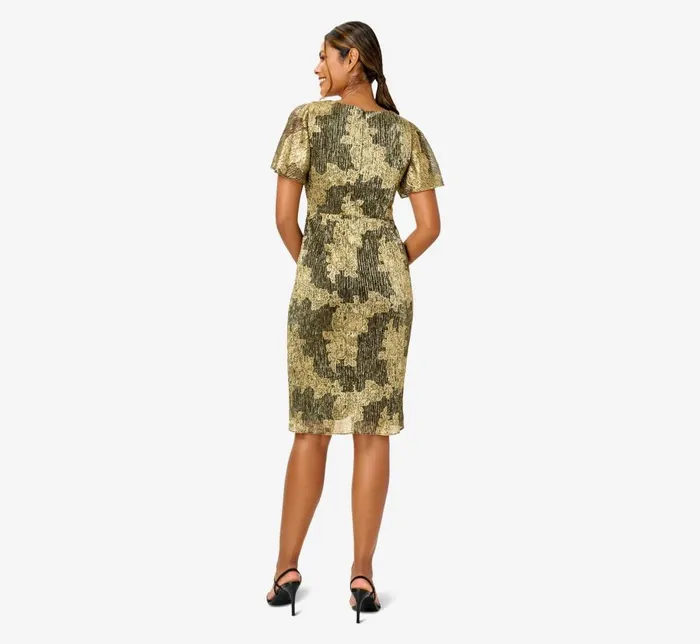 Short Dresses Womens Adrianna Papell Metallic Foil Crinkled Mesh MidiLength Wrap Dress In Gold Black