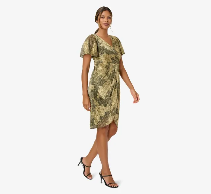 Short Dresses Womens Adrianna Papell Metallic Foil Crinkled Mesh MidiLength Wrap Dress In Gold Black