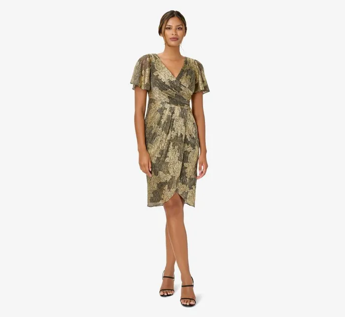 Short Dresses Womens Adrianna Papell Metallic Foil Crinkled Mesh MidiLength Wrap Dress In Gold Black