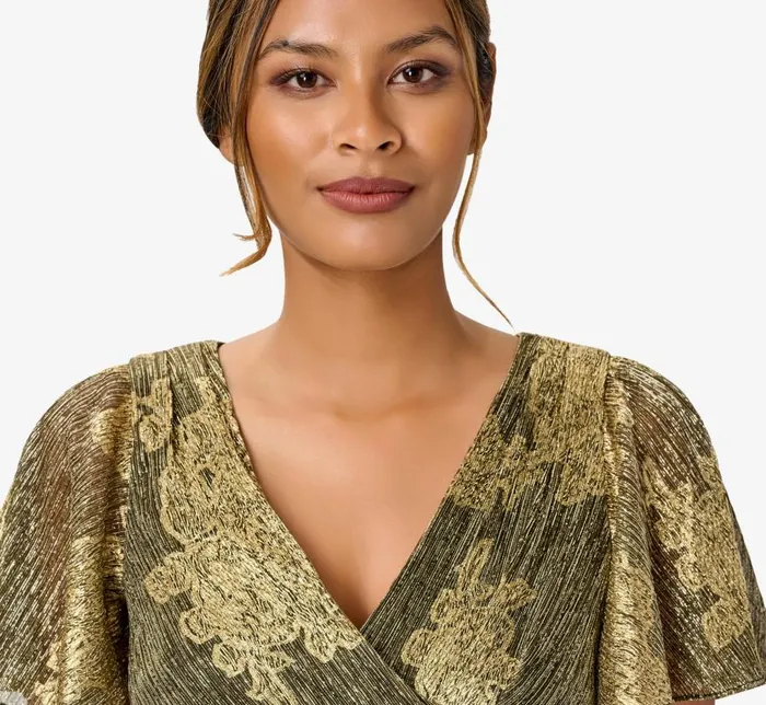 Short Dresses Womens Adrianna Papell Metallic Foil Crinkled Mesh MidiLength Wrap Dress In Gold Black