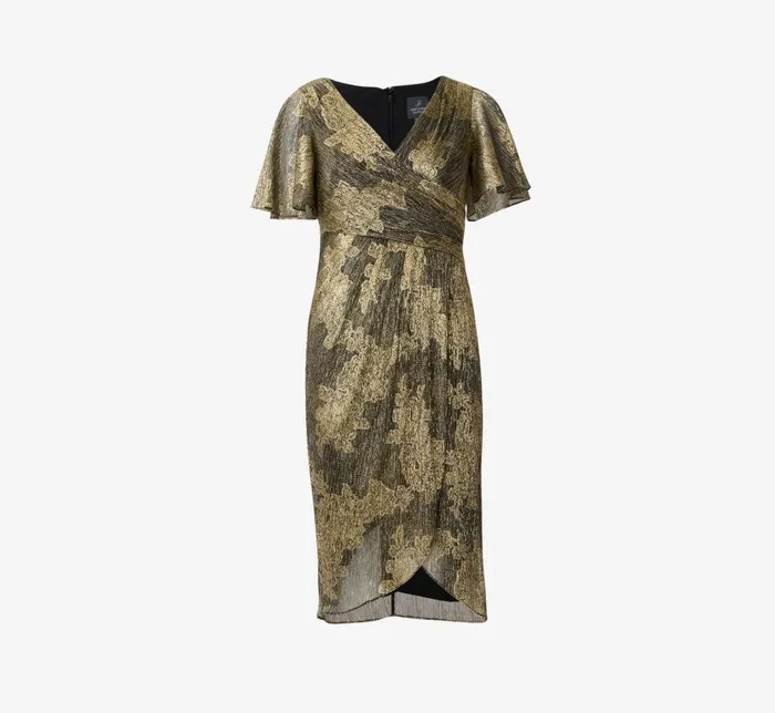 Short Dresses Womens Adrianna Papell Metallic Foil Crinkled Mesh MidiLength Wrap Dress In Gold Black