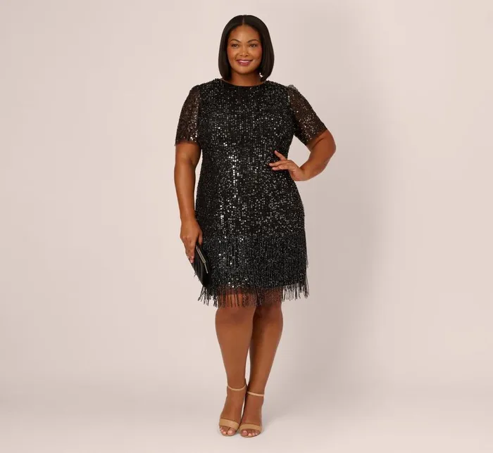 Short Dresses Womens Adrianna Papell Plus Size Beaded Fringe Dress With Sheer Short Sleeves In Black
