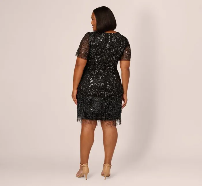 Short Dresses Womens Adrianna Papell Plus Size Beaded Fringe Dress With Sheer Short Sleeves In Black