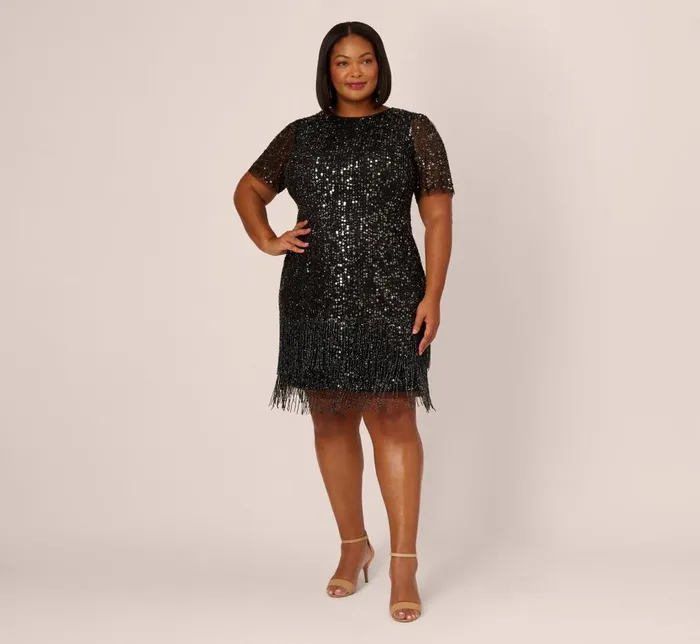 Short Dresses Womens Adrianna Papell Plus Size Beaded Fringe Dress With Sheer Short Sleeves In Black