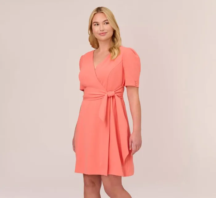 Short Dresses Womens Adrianna Papell Plus Size Crepe TieFront ALine Short Wrap Dress In Peach Blossom