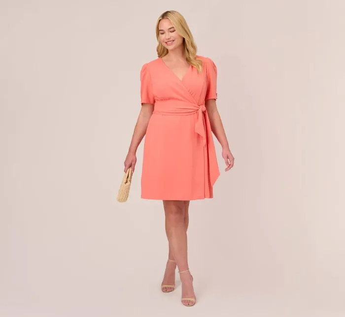 Short Dresses Womens Adrianna Papell Plus Size Crepe TieFront ALine Short Wrap Dress In Peach Blossom