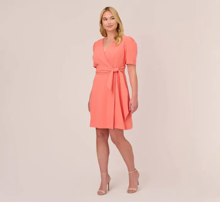 Short Dresses Womens Adrianna Papell Plus Size Crepe TieFront ALine Short Wrap Dress In Peach Blossom