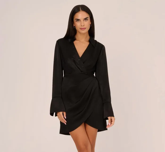 Short Dresses Womens Adrianna Papell Satin Faux Wrap Dress With Long Sleeves In Black