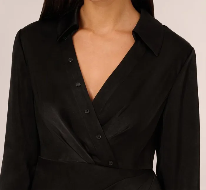 Short Dresses Womens Adrianna Papell Satin Faux Wrap Dress With Long Sleeves In Black