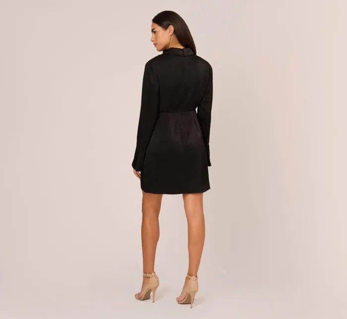 Short Dresses Womens Adrianna Papell Satin Faux Wrap Dress With Long Sleeves In Black